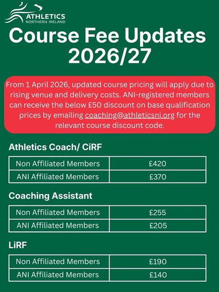 Athletics NI Announces Coaching Course Fee Updates from 1 April 2026
